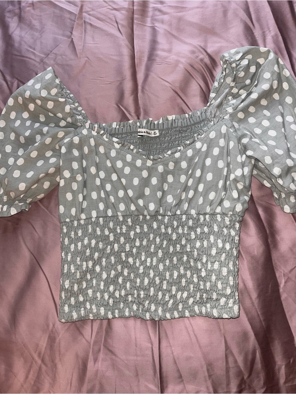 Abercrombie & Fitch Light Gray Polka Dot Smocked Crop Top